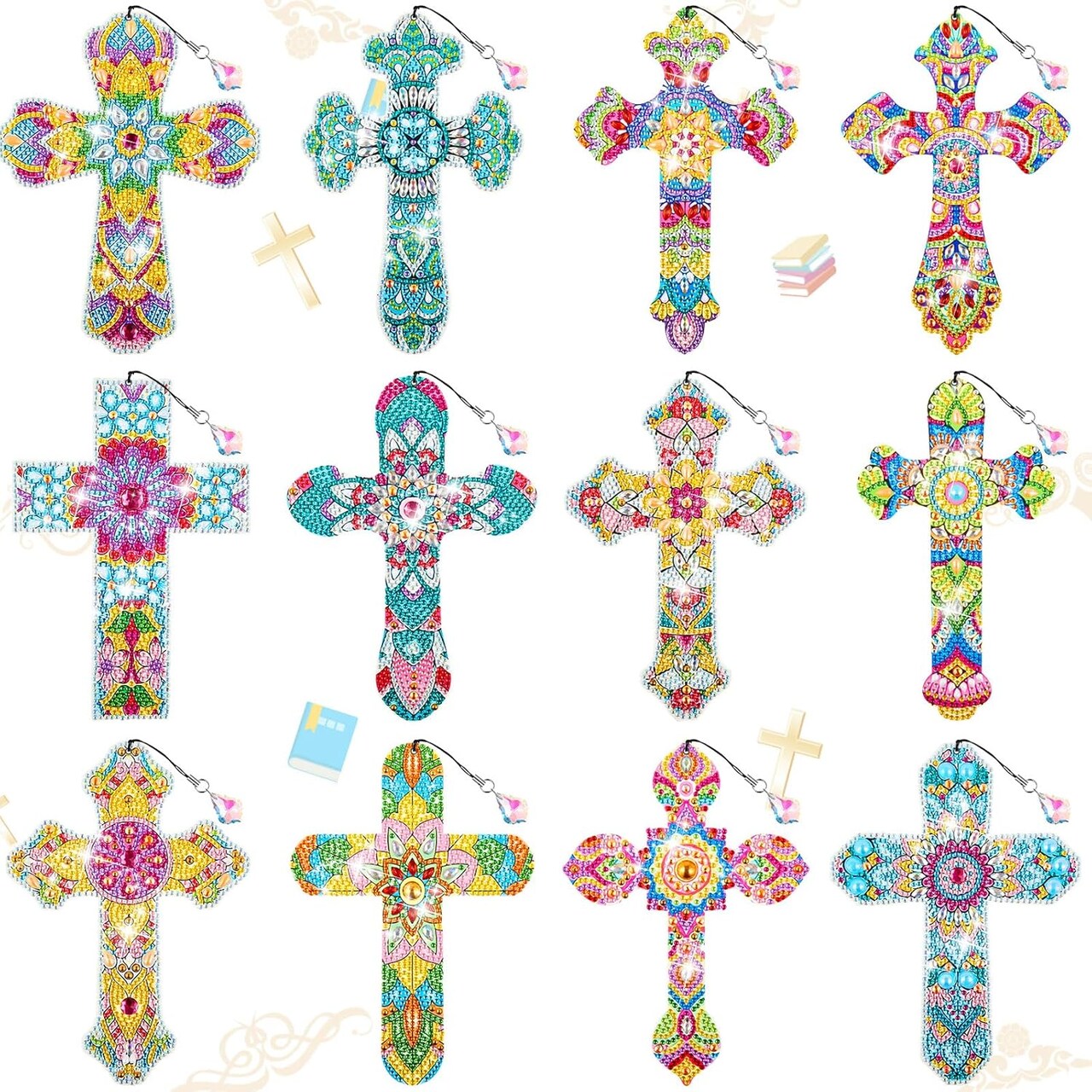 12 Pcs Cross 5D Diamond Painting Bookmarks Rhinestone Kits